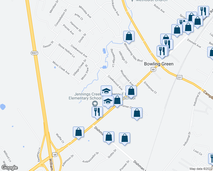 map of restaurants, bars, coffee shops, grocery stores, and more near 130 Westwood Circle in Bowling Green