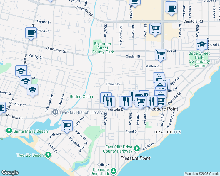 map of restaurants, bars, coffee shops, grocery stores, and more near 970 32nd Avenue in Santa Cruz
