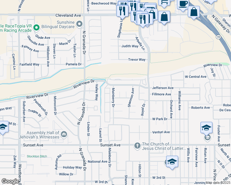 map of restaurants, bars, coffee shops, grocery stores, and more near 1039 Mainberry Drive in Madera