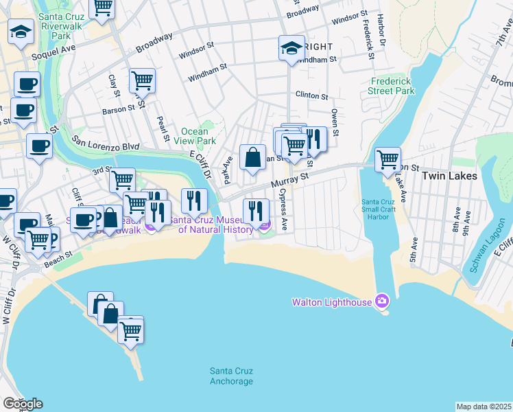 map of restaurants, bars, coffee shops, grocery stores, and more near 216 Pilkington Avenue in Santa Cruz