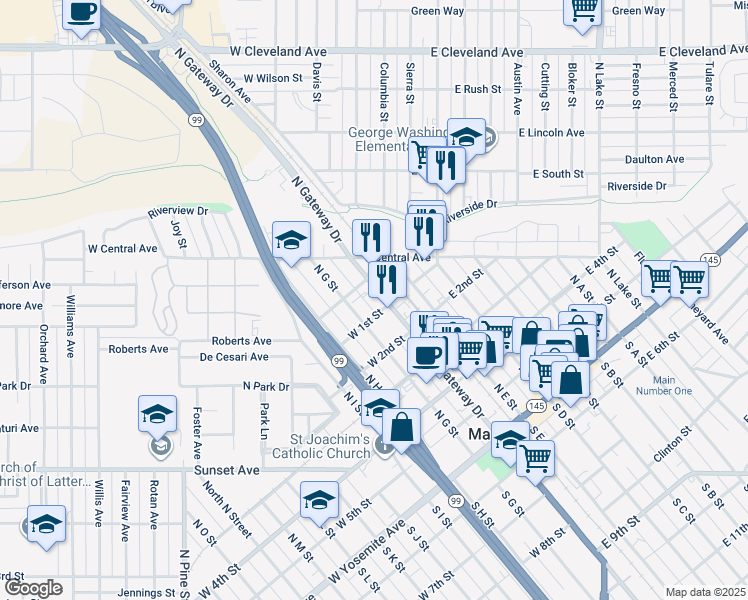map of restaurants, bars, coffee shops, grocery stores, and more near 608 N Gateway Dr in Madera