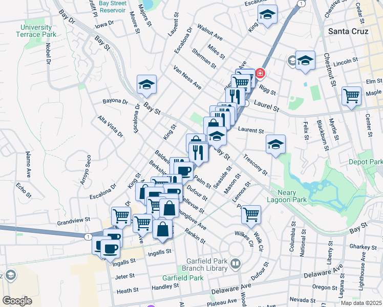 map of restaurants, bars, coffee shops, grocery stores, and more near 137 Toledo Street in Santa Cruz