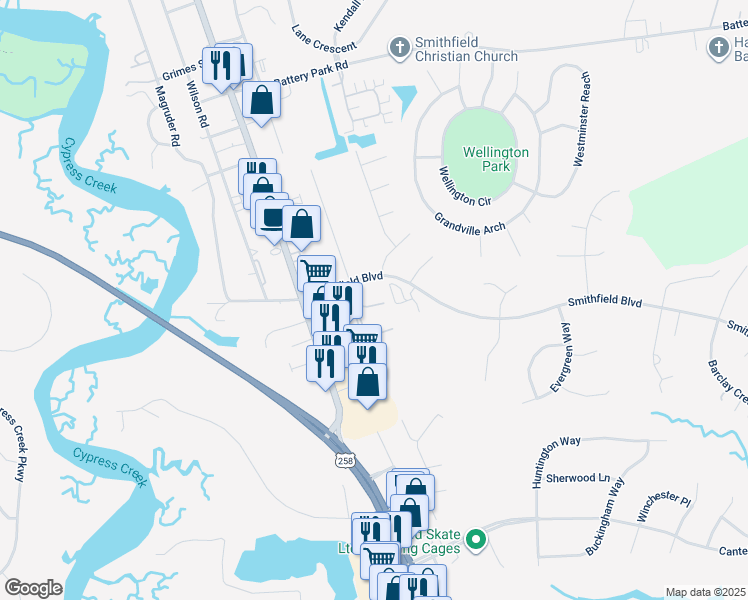map of restaurants, bars, coffee shops, grocery stores, and more near 107 Mount Vernon Court in Smithfield