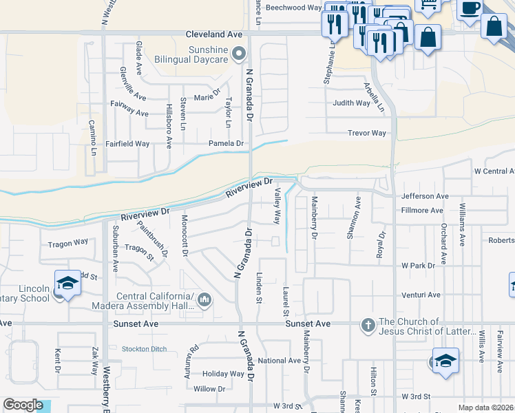 map of restaurants, bars, coffee shops, grocery stores, and more near 1014 Pinewood Court in Madera