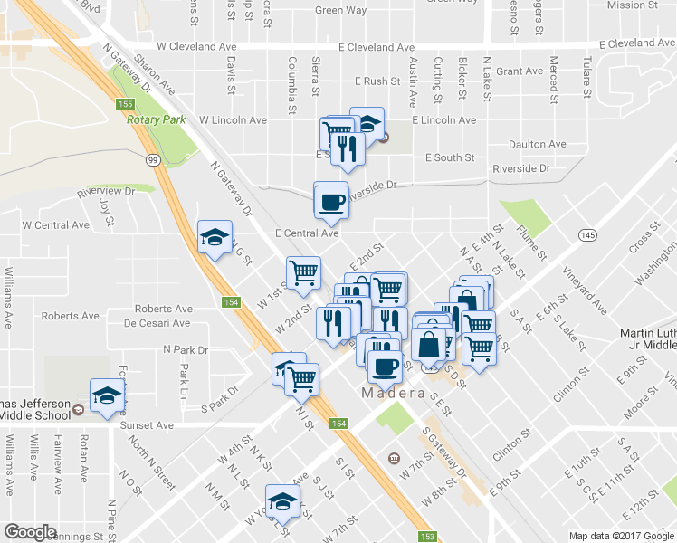 map of restaurants, bars, coffee shops, grocery stores, and more near 501 North E Street in Madera