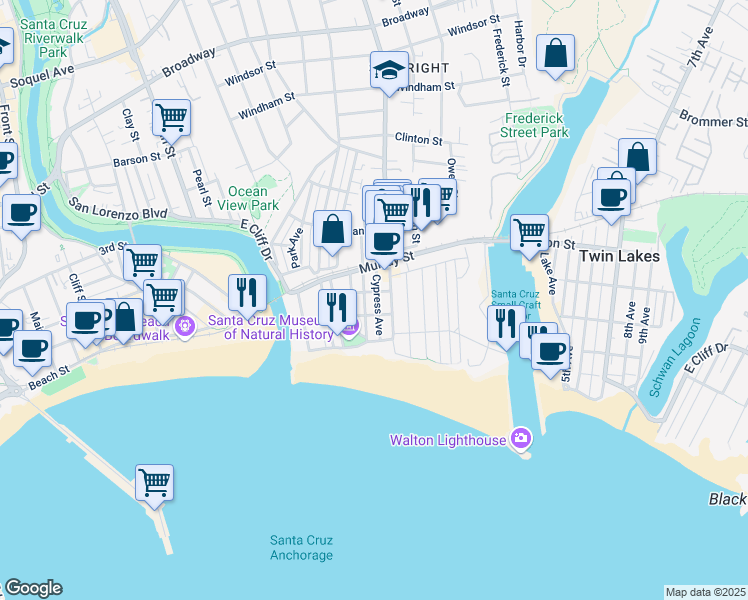 map of restaurants, bars, coffee shops, grocery stores, and more near 215 Cypress Avenue in Santa Cruz