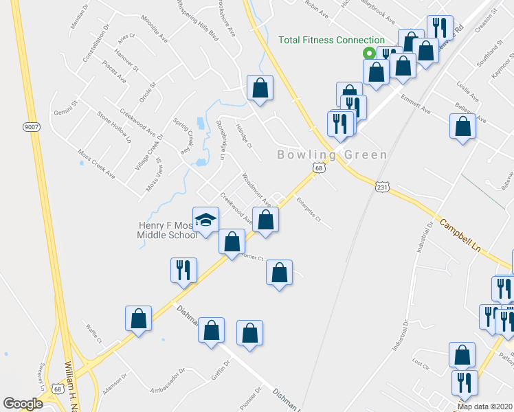 map of restaurants, bars, coffee shops, grocery stores, and more near 104 Woodmont Avenue in Bowling Green