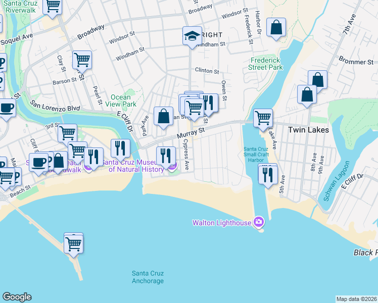 map of restaurants, bars, coffee shops, grocery stores, and more near 215 Cypress Avenue in Santa Cruz