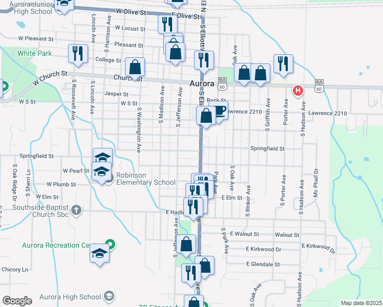 map of restaurants, bars, coffee shops, grocery stores, and more near 128 East Springfield Street in Aurora
