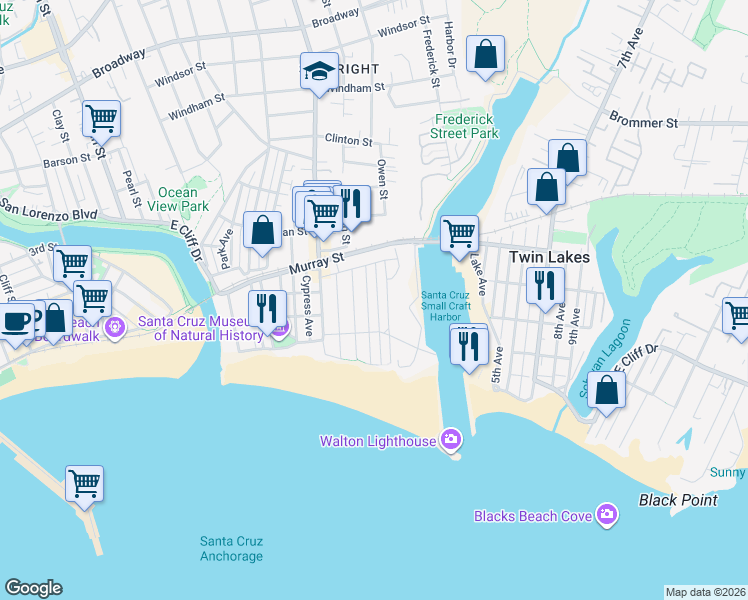 map of restaurants, bars, coffee shops, grocery stores, and more near 234 3rd Avenue in Santa Cruz
