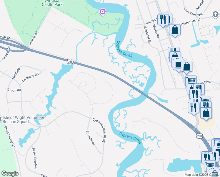 map of restaurants, bars, coffee shops, grocery stores, and more near 1017 U.S. 258 in Smithfield