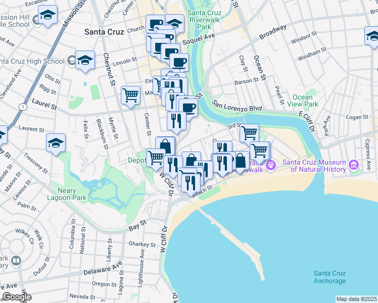 map of restaurants, bars, coffee shops, grocery stores, and more near 333 Main Street in Santa Cruz