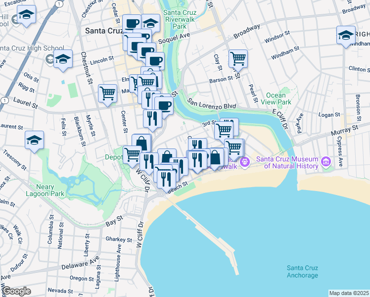 map of restaurants, bars, coffee shops, grocery stores, and more near 118 Younger Way in Santa Cruz