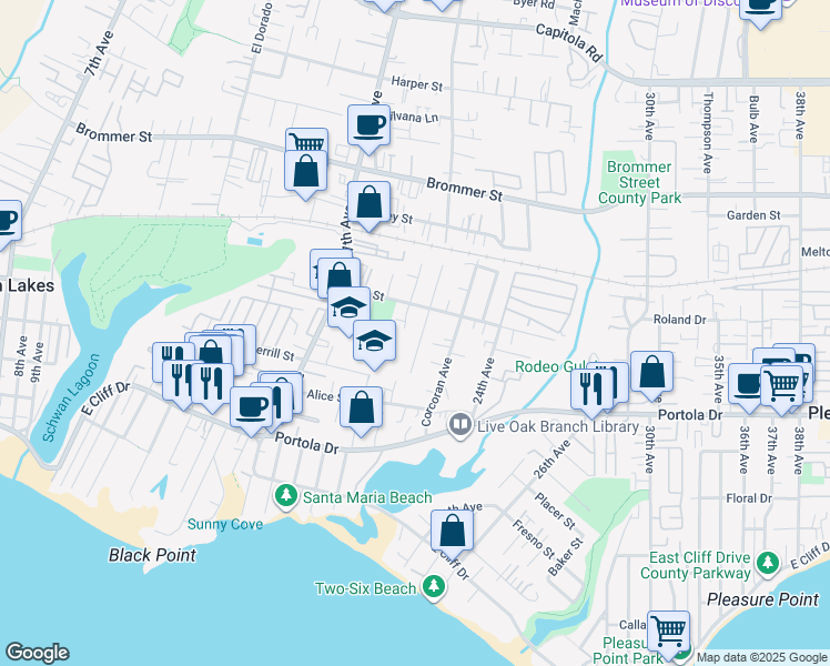map of restaurants, bars, coffee shops, grocery stores, and more near 2115 Alice Street in Santa Cruz