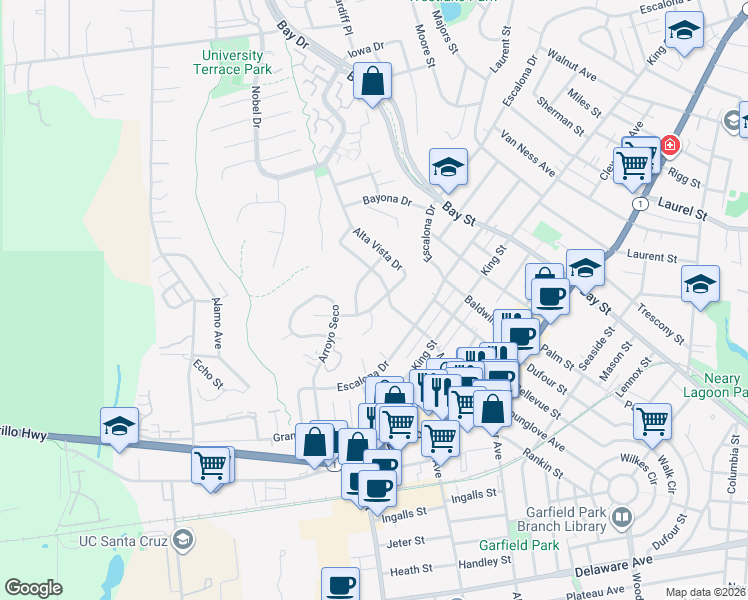 map of restaurants, bars, coffee shops, grocery stores, and more near 97 Alta Vista Drive in Santa Cruz