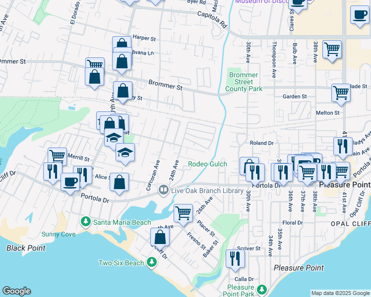 map of restaurants, bars, coffee shops, grocery stores, and more near 2422 Felt Street in Santa Cruz