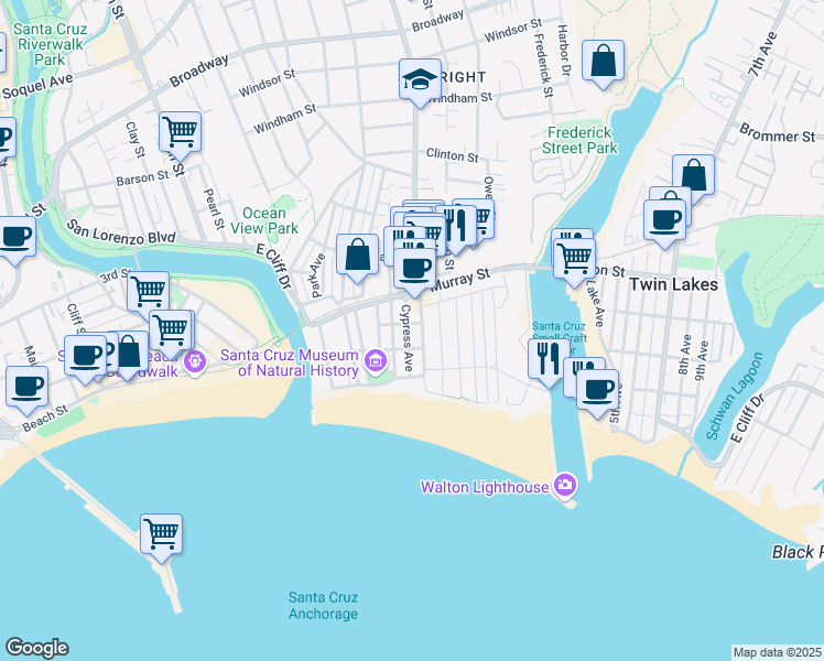 map of restaurants, bars, coffee shops, grocery stores, and more near 215 Cypress Avenue in Santa Cruz