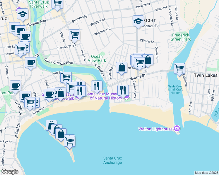 map of restaurants, bars, coffee shops, grocery stores, and more near 1103 East Cliff Drive in Santa Cruz