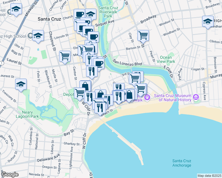 map of restaurants, bars, coffee shops, grocery stores, and more near 118 Younger Way in Santa Cruz