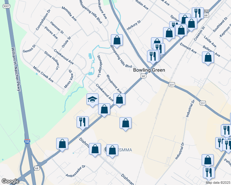 map of restaurants, bars, coffee shops, grocery stores, and more near 104 Woodmont Avenue in Bowling Green