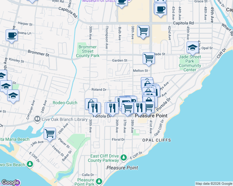 map of restaurants, bars, coffee shops, grocery stores, and more near 981 36th Avenue in Santa Cruz
