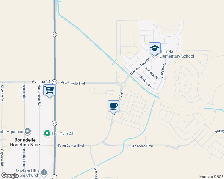 map of restaurants, bars, coffee shops, grocery stores, and more near 14001-14099 Road 204 in Madera