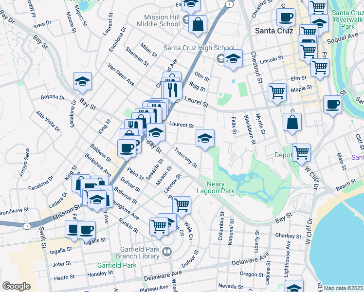 map of restaurants, bars, coffee shops, grocery stores, and more near 139 Acadia Avenue in Santa Cruz