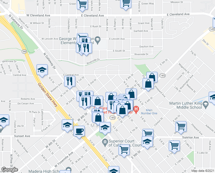 map of restaurants, bars, coffee shops, grocery stores, and more near 325 North C Street in Madera