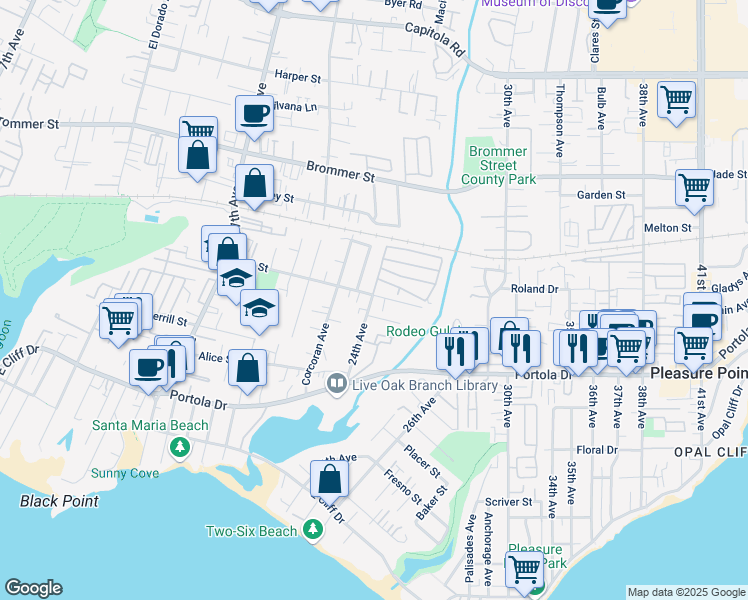 map of restaurants, bars, coffee shops, grocery stores, and more near 860 24th Avenue in Santa Cruz
