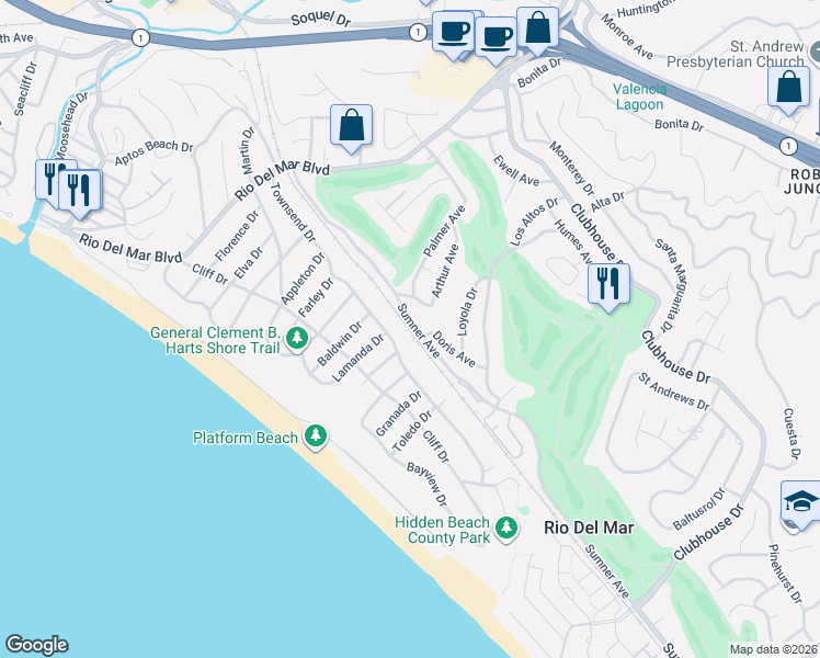map of restaurants, bars, coffee shops, grocery stores, and more near 448 Sumner Avenue in Aptos