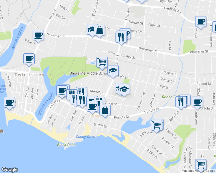 map of restaurants, bars, coffee shops, grocery stores, and more near 764 Heath Cove in Santa Cruz