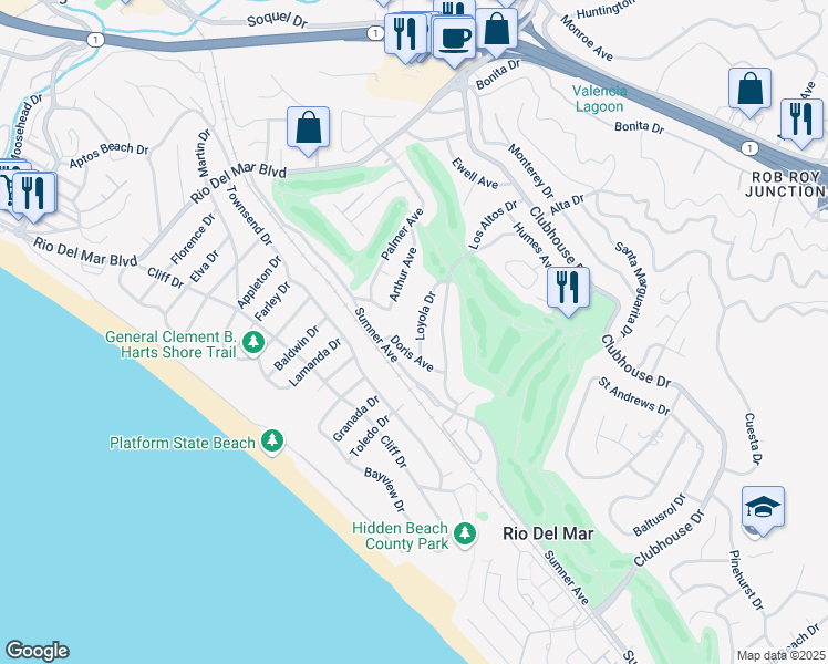 map of restaurants, bars, coffee shops, grocery stores, and more near 313 Loyola Drive in Aptos