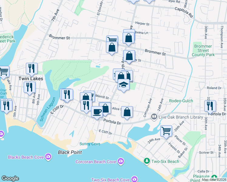 map of restaurants, bars, coffee shops, grocery stores, and more near 764 Heath Cove in Santa Cruz