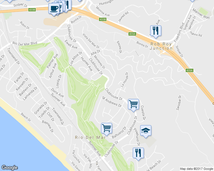 map of restaurants, bars, coffee shops, grocery stores, and more near 627 Clubhouse Drive in Aptos