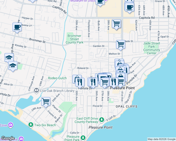 map of restaurants, bars, coffee shops, grocery stores, and more near 980 34th Avenue in Santa Cruz
