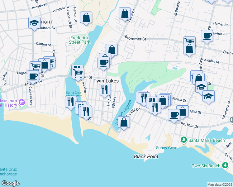 map of restaurants, bars, coffee shops, grocery stores, and more near 368 9th Avenue in Santa Cruz