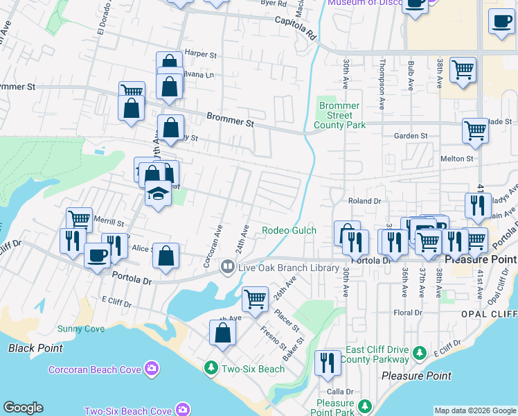 map of restaurants, bars, coffee shops, grocery stores, and more near 2418 Felt Street in Santa Cruz