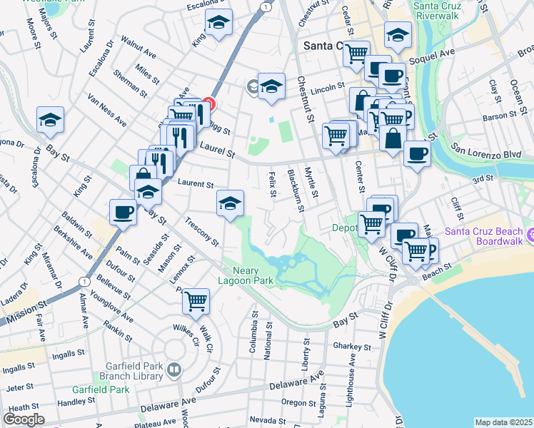 map of restaurants, bars, coffee shops, grocery stores, and more near 101 Felix Street in Santa Cruz