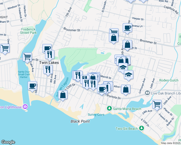 map of restaurants, bars, coffee shops, grocery stores, and more near 685 14th Avenue in Santa Cruz