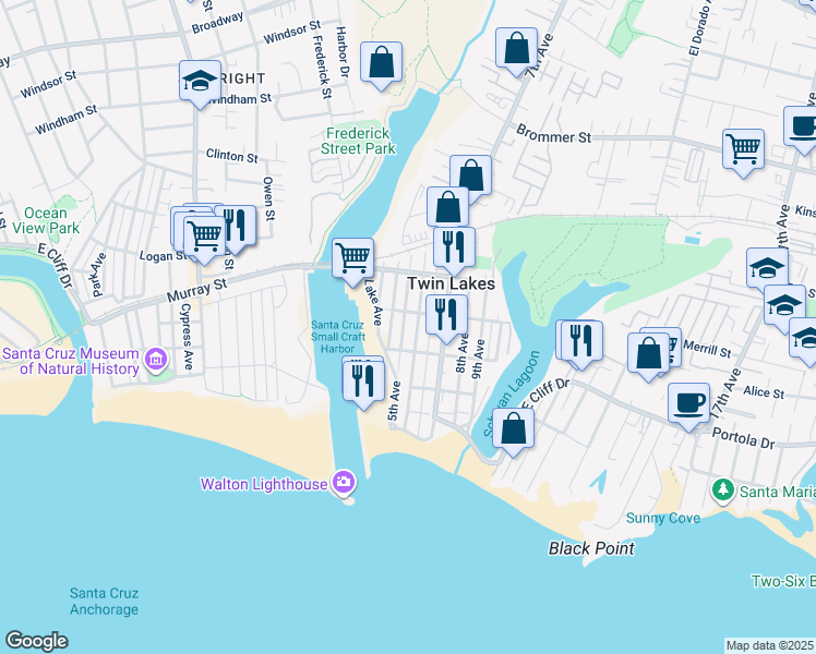map of restaurants, bars, coffee shops, grocery stores, and more near 360 5th Avenue in Santa Cruz
