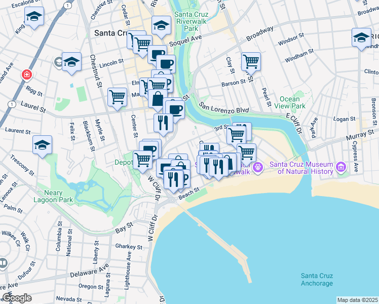 map of restaurants, bars, coffee shops, grocery stores, and more near 127 Younger Way in Santa Cruz