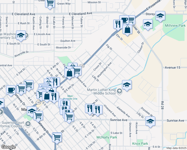 map of restaurants, bars, coffee shops, grocery stores, and more near 804 Cross Street in Madera
