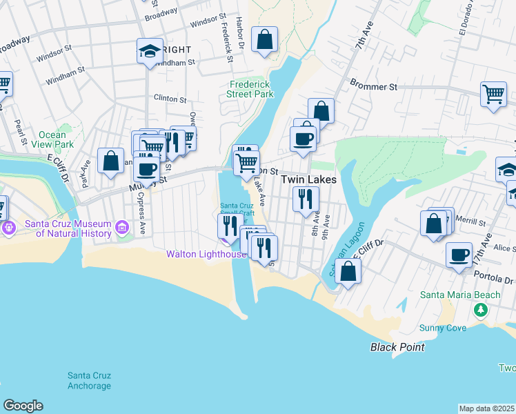 map of restaurants, bars, coffee shops, grocery stores, and more near 345 Lake Avenue in Santa Cruz