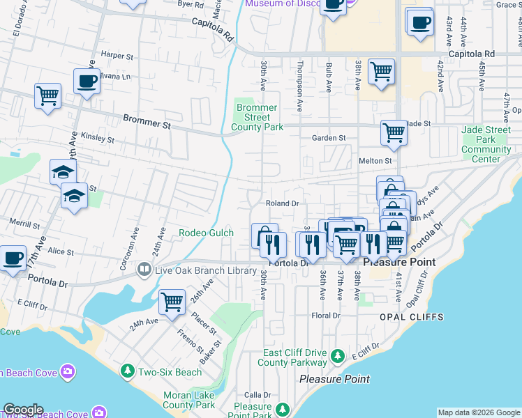 map of restaurants, bars, coffee shops, grocery stores, and more near 960 30th Avenue in Santa Cruz