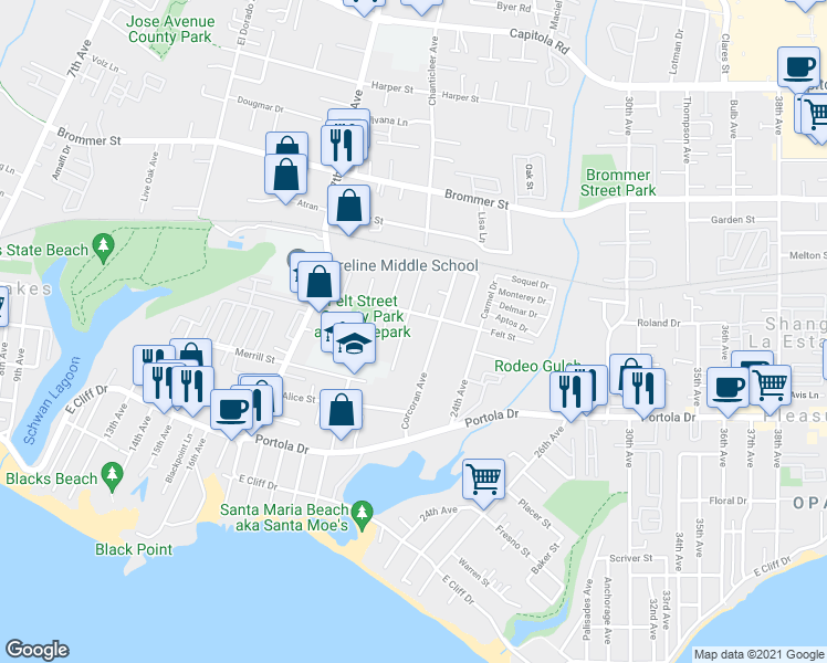 map of restaurants, bars, coffee shops, grocery stores, and more near 823 Corcoran Avenue in Santa Cruz