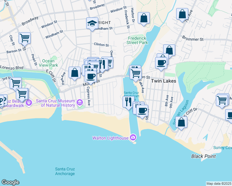 map of restaurants, bars, coffee shops, grocery stores, and more near 789 Mariner Park Way in Santa Cruz