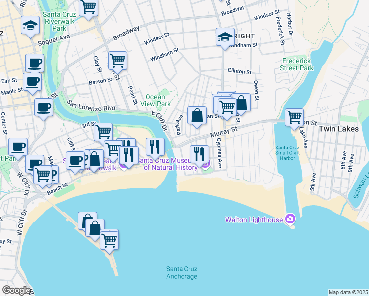 map of restaurants, bars, coffee shops, grocery stores, and more near 1103 East Cliff Drive in Santa Cruz