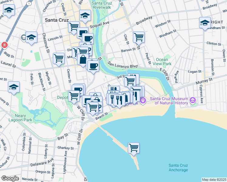 map of restaurants, bars, coffee shops, grocery stores, and more near 304 Cliff Street in Santa Cruz