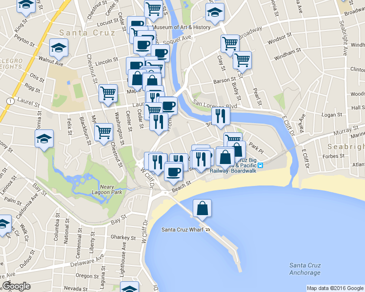 map of restaurants, bars, coffee shops, grocery stores, and more near 118 Younger Way in Santa Cruz