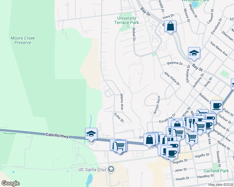 map of restaurants, bars, coffee shops, grocery stores, and more near 502 Western Drive in Santa Cruz